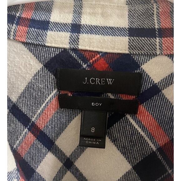 J Crew Size 8 Boy Fit Flannel Red Blue Ivory Plaid Shirt Long Sleeve Pocket - Picture 3 of 4